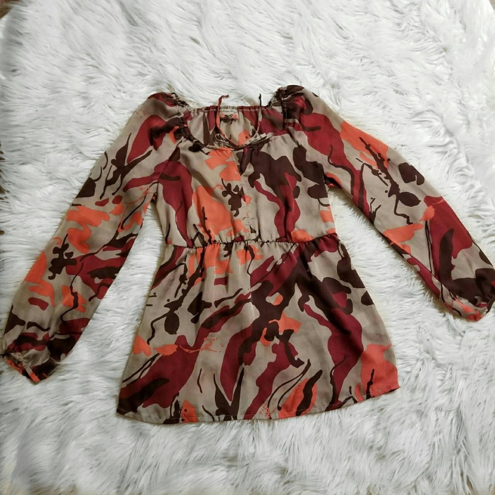 AutumnMagic Fall Burgundy Camo Print Blouse Tunic